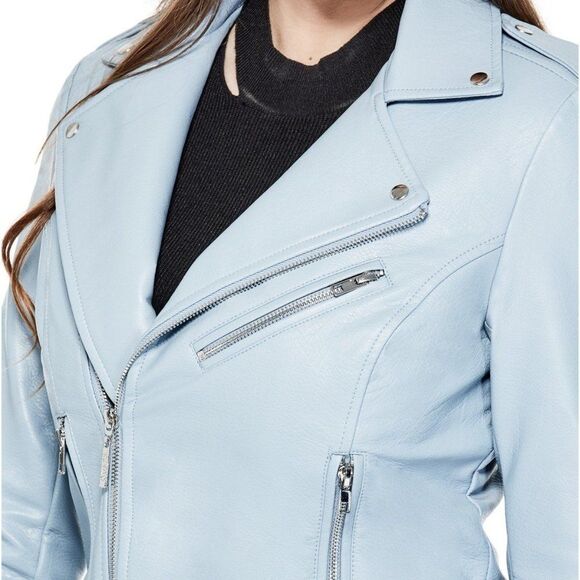 Medium GUESS Baby Blue Scarlett Faux Leatherette double breasted Moto Jacket - Picture 3 of 11
